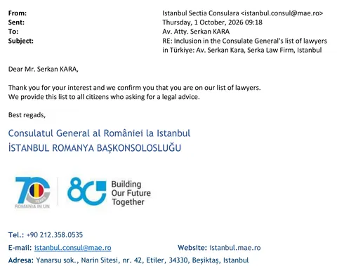 Written confirmation from the Consulate General of Romania in Istanbul, 1 October 2026, that Av. Serkan Kara is on its list of lawyers
