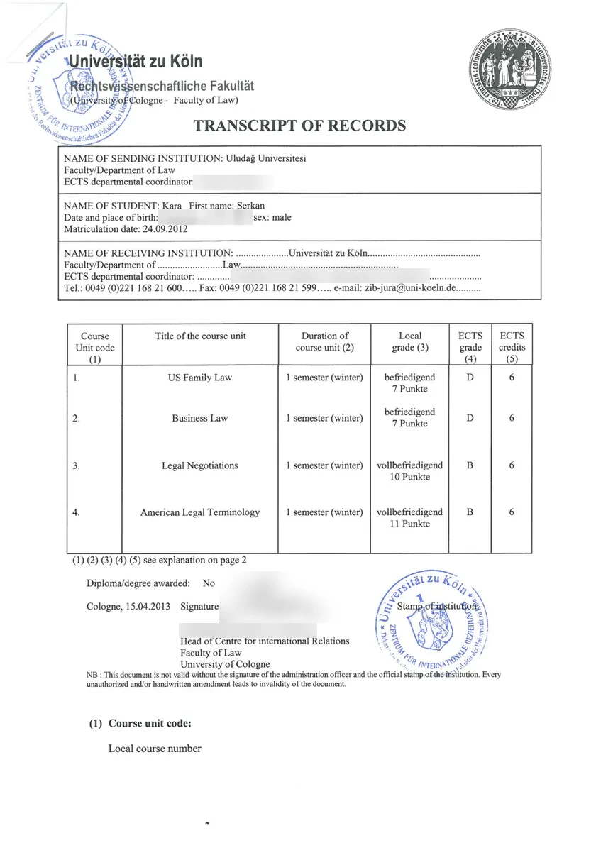 쾰른 대학교 법과대학 성적증명서(Transcript of Records) 1쪽: 겨울 학기 4개 과목, Legal Negotiations 10점과 American Legal Terminology 11점 vollbefriedigend, ECTS 등급 B; 출생지와 생년월일은 가림 처리